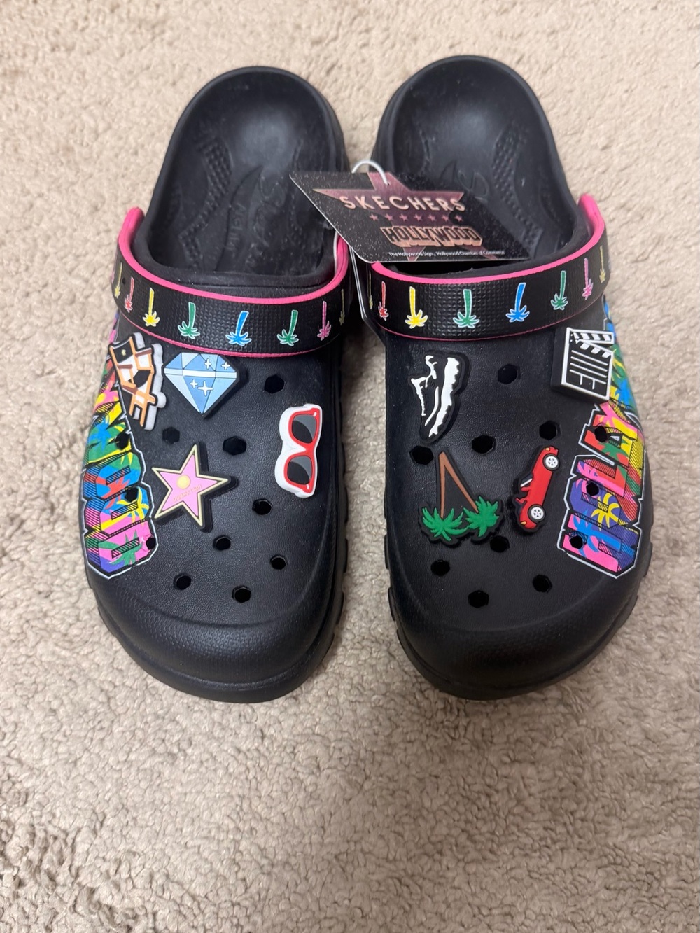 Skechers Hollywood Kids' Black Clog Sandals with Pink Trim and Multicolor Charms